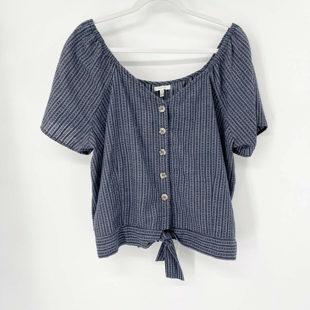 Maurices Striped Tie Front Blouse Plus Sz 1X Blue V-Neck Button Up Short Sleeve